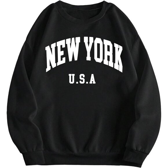 ⚡Women Black New York Imported Graphic Crewneck Long Sleeve Pullover Sweatshirt - Picture 1 of 5